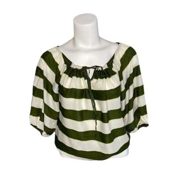 Womens OLD NAVY Green Stripe 1/2 Balloon Sleeve Elastic Waist Top Sz Medium NEW - Picture 1 of 10